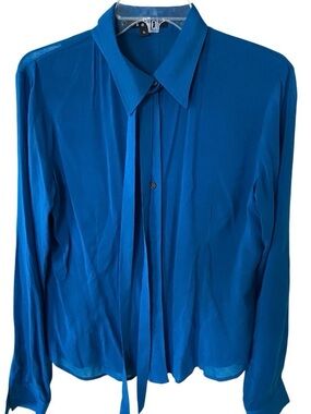 Theory Silk Blue Long-Sleeve Tie-Neck Shirt size L